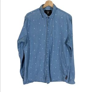 Scotch & Soda Button Up Shirt Men's Size XL Palm Tree Long Sleeve Blue Chambray